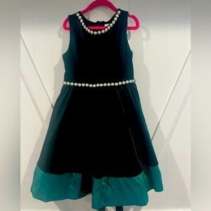 Green velvet dress with beaded neck and waist